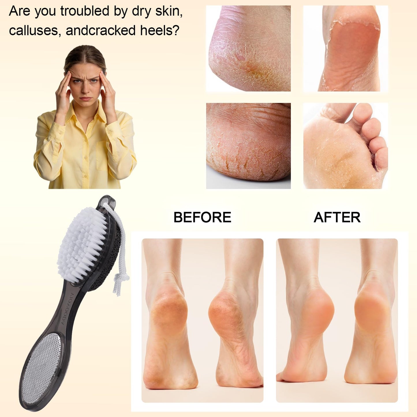 YIOYOODA Foot Brush and Pumice Stone for Feet, 4-in-1 Foot File Callus Remover, Feet Scrubber Brush, Rasp and Sand Paper Pedicure Tools, Multi Purpose for Home Foot Care, 2 Pcs, Clear Black and Pink