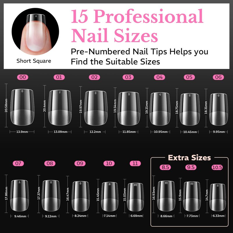 Short Square Nail Tips - 600pcs Pre-Etched Soft Gel Acrylic Fake Nails | 15 Sizes Half Matte Full Cover for DIY Manicure