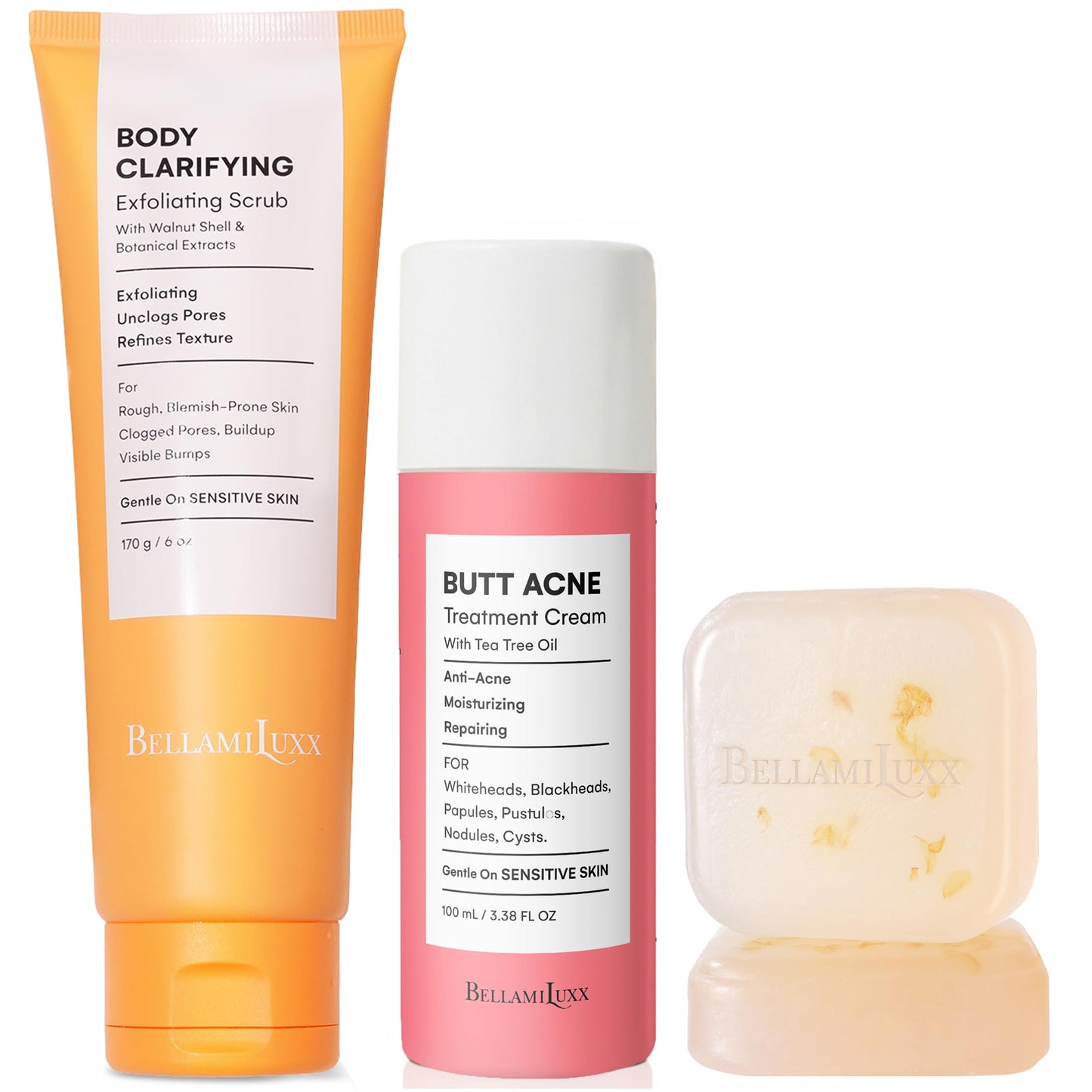 BellamiLuxx Butt Acne Treatment Set: Acne Soap Bar + Butt Treatment Lotion for Breakouts on Buttocks, Thighs, Back, Chest & Ingrown-Prone & Folliculitis-Prone Skin – Helps Reduce Body Breakouts