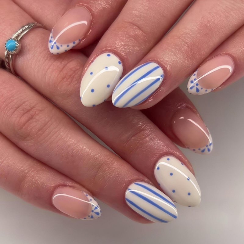 Blue White Press on Nails Stripe Fake Nails French Tip Glue on Nails with Point Design Short Almond Stick on Nail Artificial Acrylic Glossy Full Cover False Nail for Women Girls Manicure 24Pcs