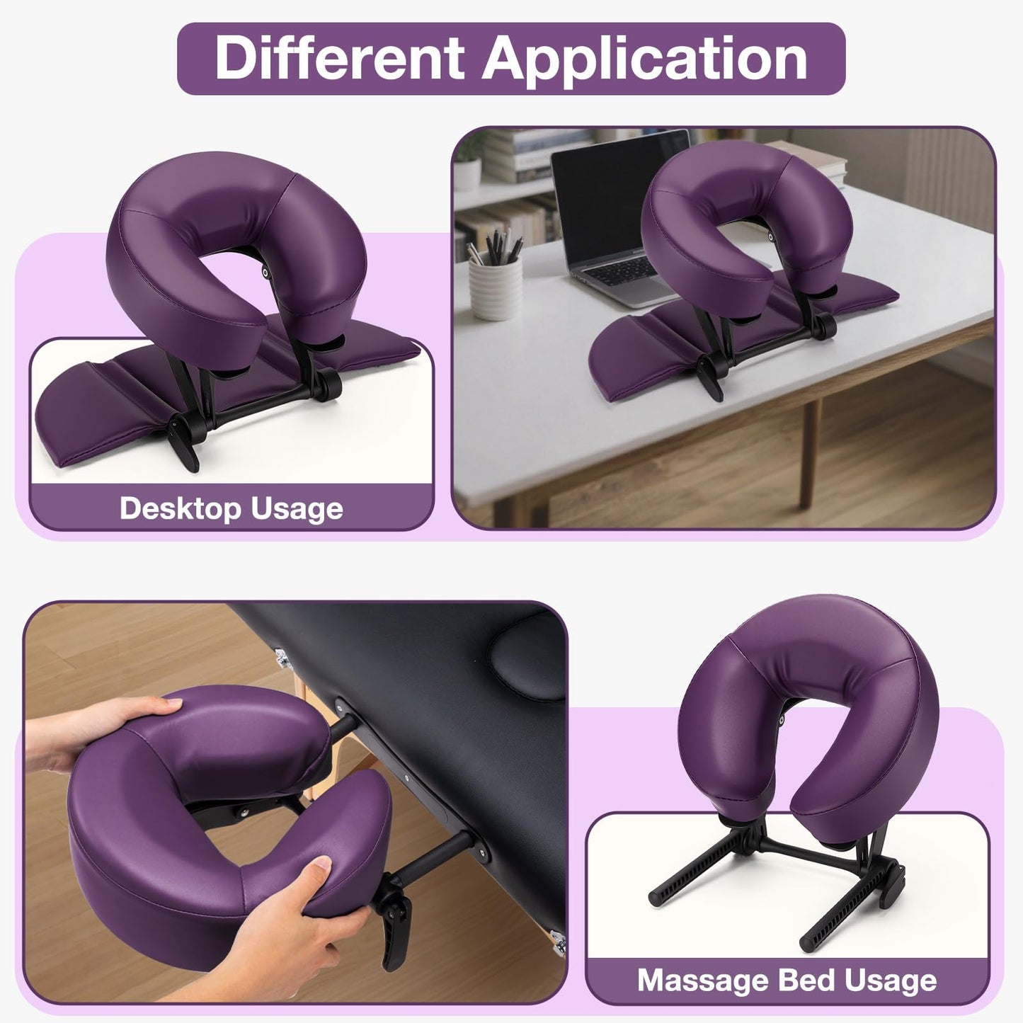 Udefineit Face Down Tabletop Massage Kit, Adjustable Headrest Face Cradle with Hand Rest Pad, Universal Desktop Home Mattress Massage Cradle with Soft Pillow for SPA Chair Bed Office Desk - Purple