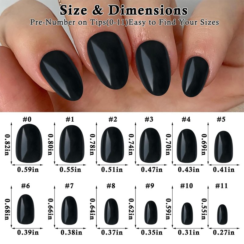 Almond Press On Nails - Short Black Full Cover Acrylic Tips | 240 Round Fake Nails with Adhesive for Women & Kids