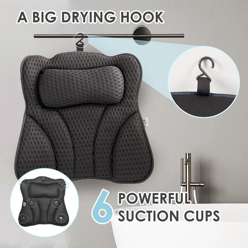 Joeyset Bath Pillows for Tub Head Neck Back Support, Bathtub Pillow 4D Breathable Air Mesh, Spa Relaxing Gifts for Women, Luxury Bathing Accessories with 6 Suction Cups and Hook (Gray)