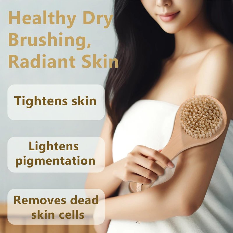 Jaasuee Dry Bath Body Brush with Short Handle, Natural Bristles Back Scrubber, Anti-Slip Wooden Handle for Exfoliation, Blood Circulation, and Cellulite Reduction, Brown