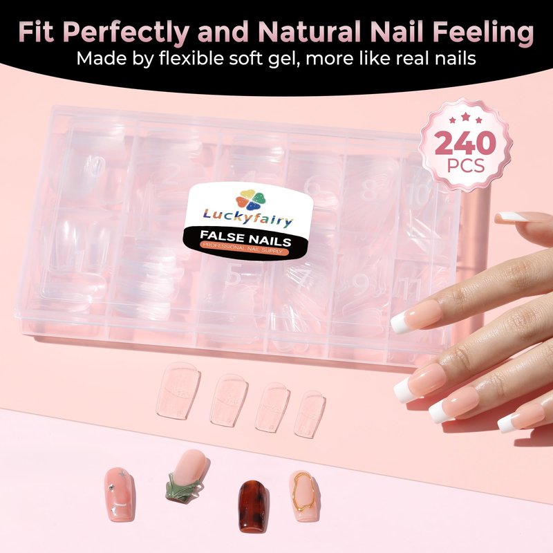 Luckyfairy Medium Square Nail Tips, 240pcs Soft Gel Pre-Shaped Acrylic Fake Nails, Half Matte Full Cover Clear Gelly Press on Flase Nail Tips for Extension Nail Manicure Home DIY 12 Sizes Gelly Tips
