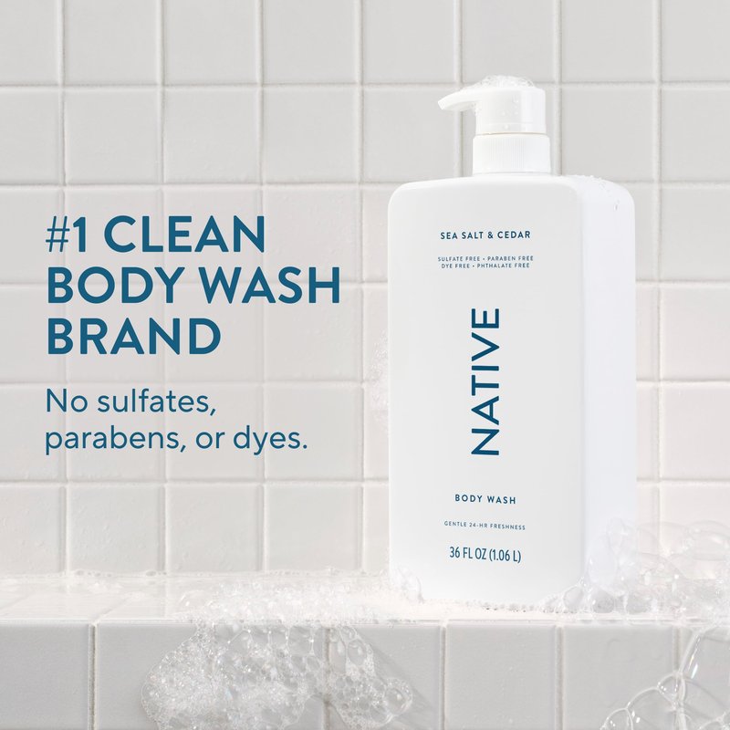 Native Body Wash for Women & Men, Sea Salt & Cedar, 36 oz Pump Bottle, Sulfate-Free & Gentle
