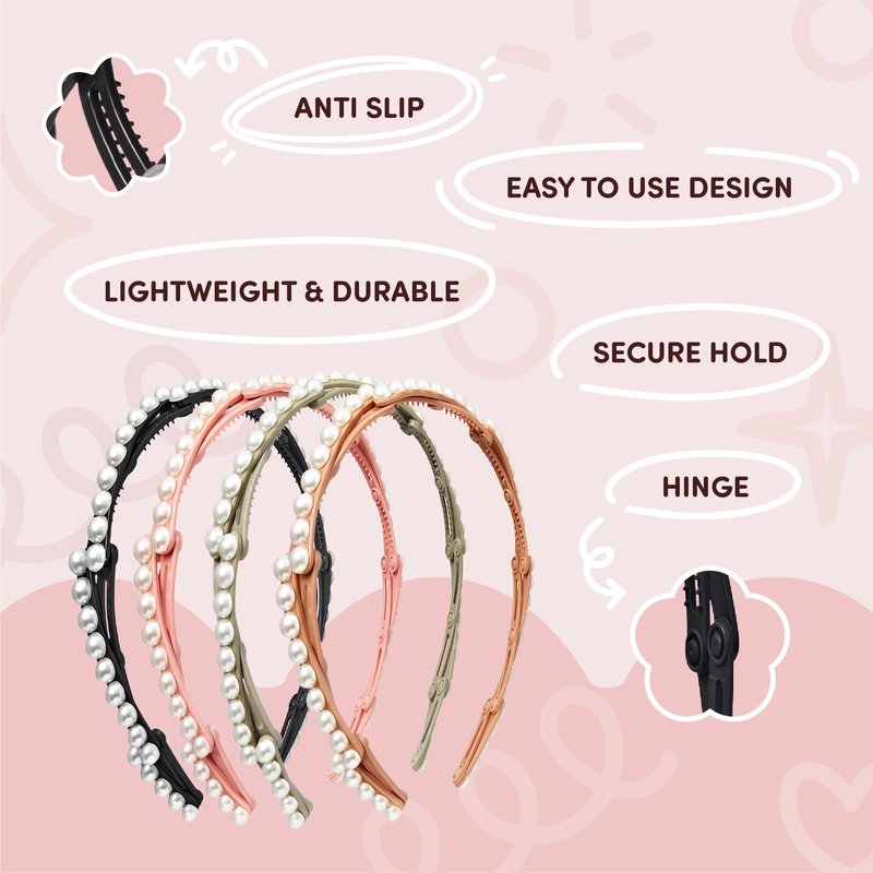 Éclat Folding Hair Band – Foldable Anti-Slip Headband for Women, Lightweight Durable Compact, Secure Comfy Fit, Y2K Fashion (4 Pack, Multicolor Pearl)