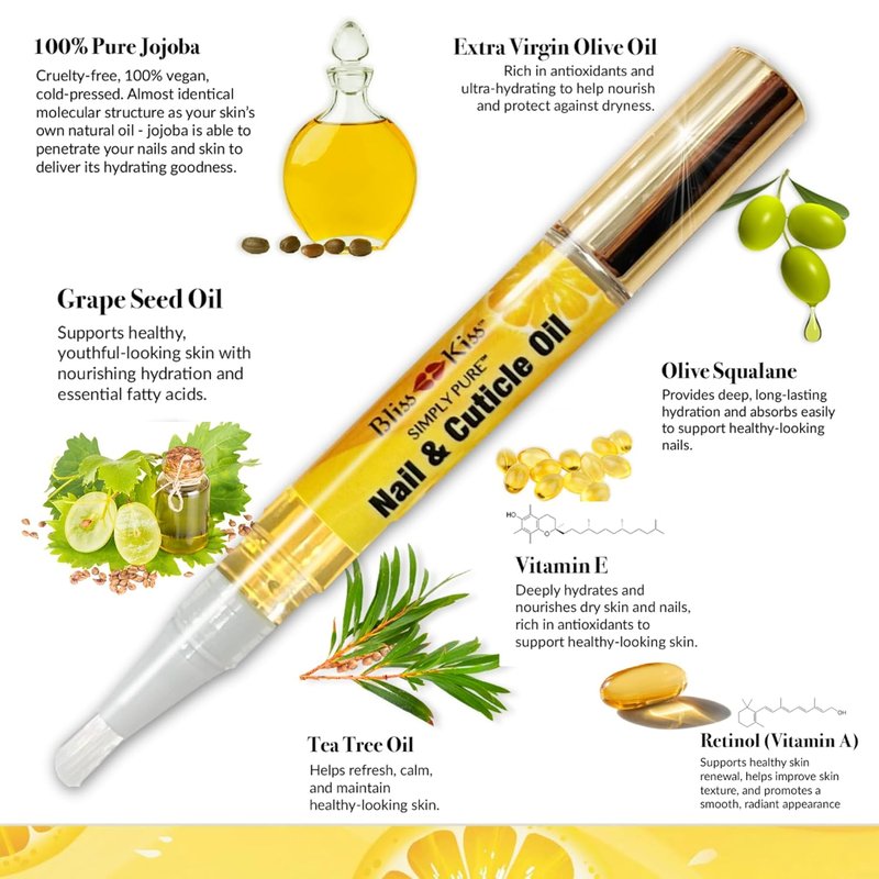 Bliss Kiss Nail Oil Cuticle Pens - Crisp Fragrance, Vitamin E & Jojoba | Nail Strengthener for Brittle Nails