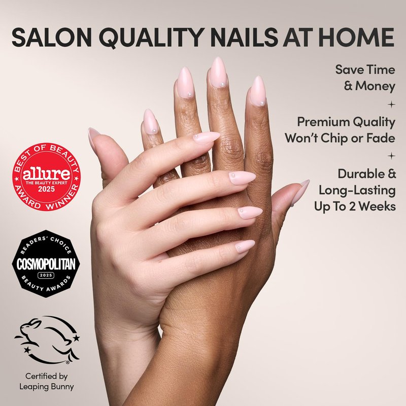 Glamnetic Press On Nails - Wifey | Short Almond Fake Nails, Nude with 3D Nail Art and Glossy Finish, Salon Quality | 15 Sizes - 30 Nail Kit with Glue