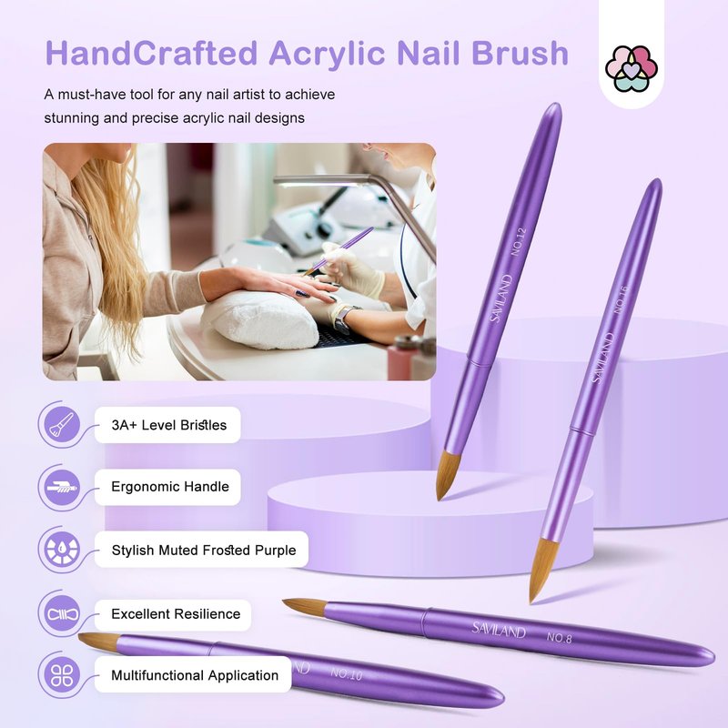 Saviland Acrylic Nail Brush Nail Kit: Acrylic Powder Nail Brush Kit with Shaping Tweezers Nail Forms Purple Nail Brushes Set Size 8 10 1216 for Acrylic Application Nails Art Extension 3D Carving