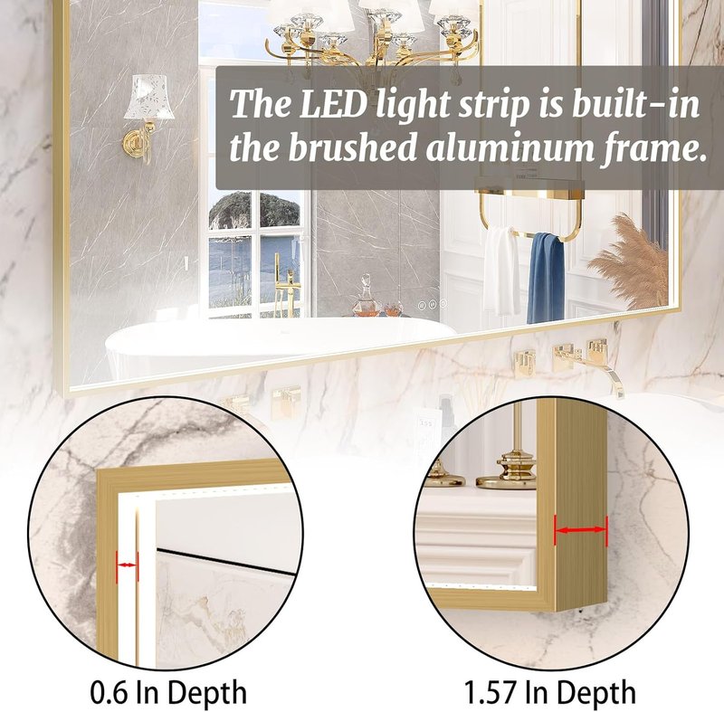 Gold Metal Framed LED Bathroom Mirror by [Brand Name] - 55x32 Inch Lighted Vanity Mirror with Anti-Fog & Dimmable Features