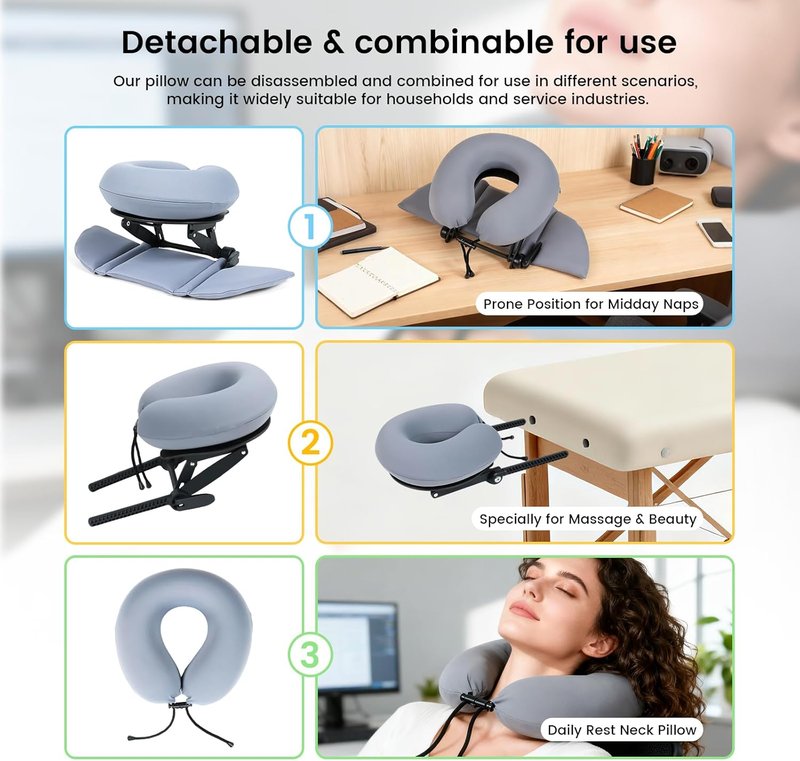 Cool Memory Foam Pillow - Adjustable Ergonomic Neck Support for Office & Travel | Slate Blue with Black Stand