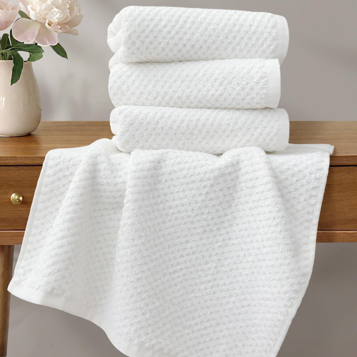 VOOVA & MOVAS Popcorn Textured Hand Towels, 4PC Large 16" x 28", 100% Cotton | Thick | Quick Dry | Absorbent, Hand Towels for Showering, Bathroom Essentials, Ivory