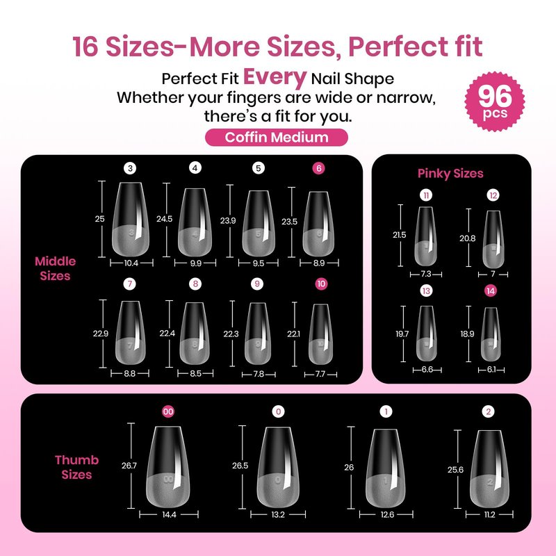 Beetles Tipex Lite Instant Apex Nail Tips, Medium Coffin, 16 Sizes | 00–14, Built-in Apex Acrylic Tips for Flat & Natural Nail Beds, Beginner-Friendly Easy DIY Nail Extensions