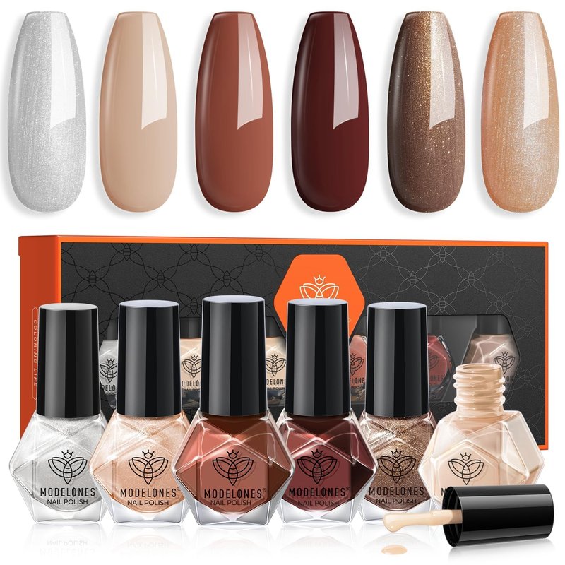 modelones Nail Polish Set 6 Colors, Fall Winter Brown Nude Silver Glitter Nail Polish Skin Tone Collection Quick Dry Mini Manicure DIY Nail Art Salon Home Gifts For Women Girl