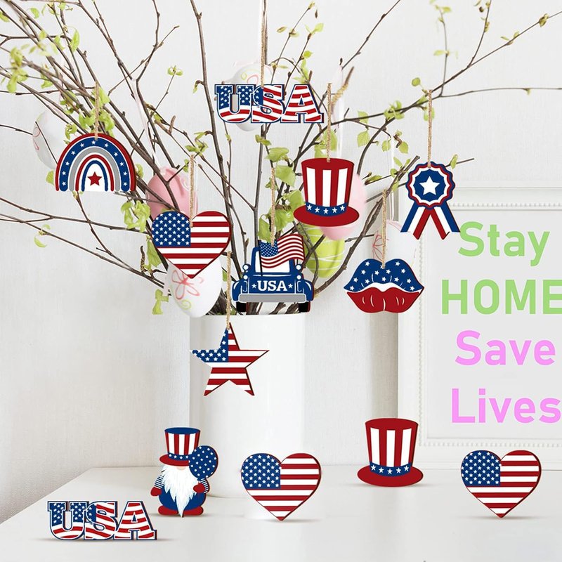 12 Pcs 4th of July Patriotic Hanging Ornaments Red White Blue USA Flag Wooden Decorations Independence Day Gnome Star Heart Car Ornaments for Home Party Tree Decor
