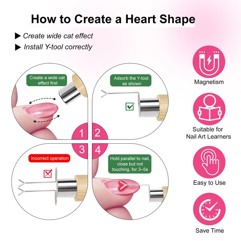 HungGato 4-in-1 Cat Eye Nail Magnet Tool with Heart Shape, Magnetic Nail Art Pen Stick for 3D Cat Eye Gel Polish, DIY Nail Art Design, Salon and Home Manicure Supplies