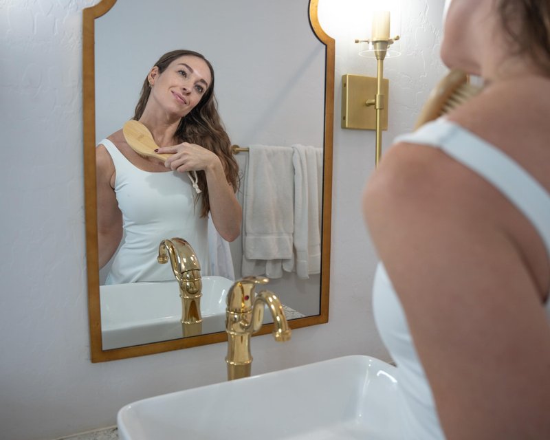 ROSENA Dry Brushing Body Brush with Curved Handle - Dry Brush Natural Boar Bristles, Bamboo, Ergonomic Design for Exfoliating & Lymphatic Drainage, Sustainable Materials