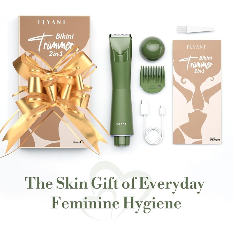 Flyant Bikini Trimmer for Women, 2 in 1 Electric Shaver for Women, Pubic Hair Trimmer Waterproof IPX7 with LED, Bikini Razor for Leg Arm Underarm Bikini Area, Pull Bows Gift Box for Friends - Green