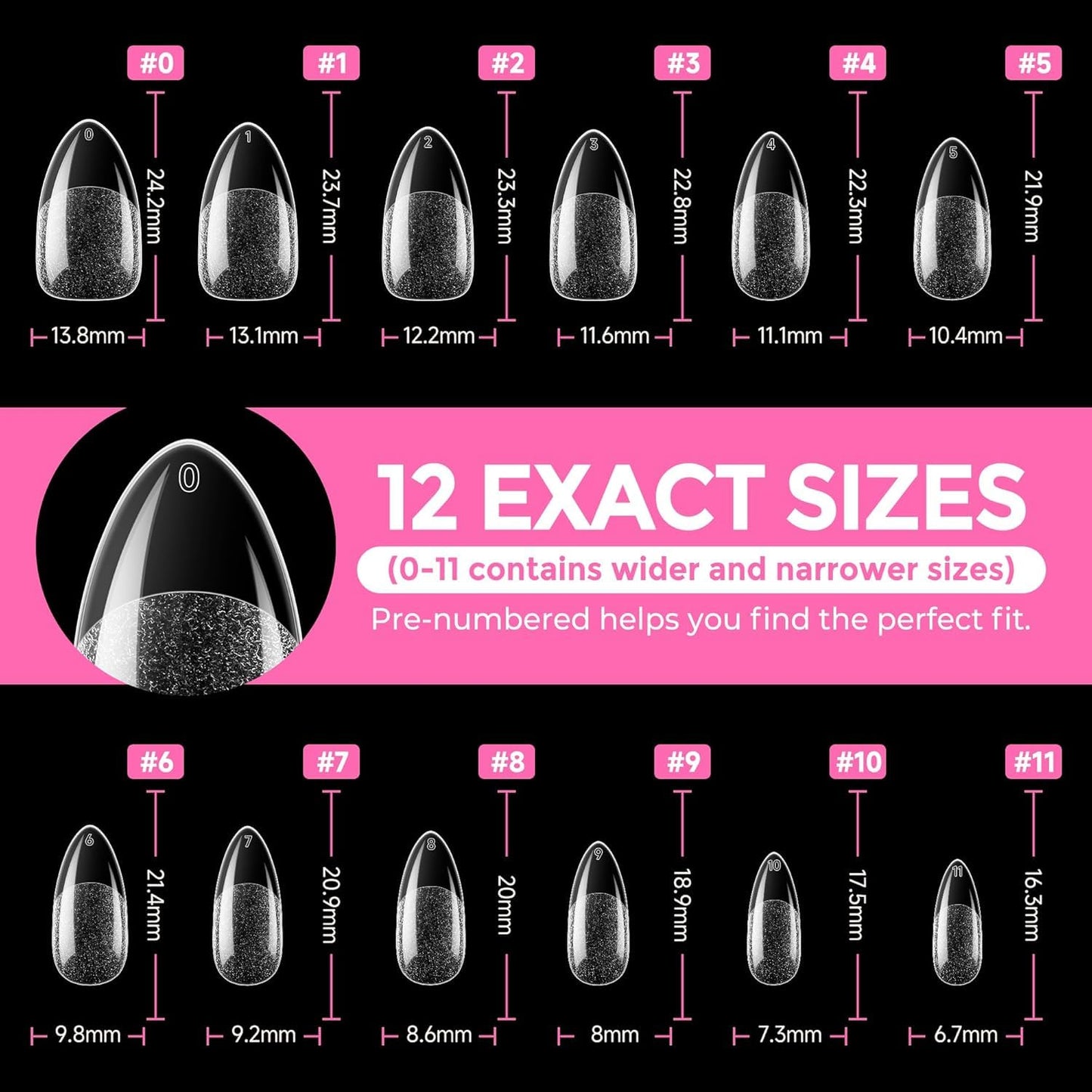 UNA GELLA Almond Nail Tips, 216pcs Pointed Almond Gel Nail Tips Pre-shape Half Matte Full Cover Clear Acrylic Soft Gel Fake Nails for Nail Extension Nail Art 12 Sizes