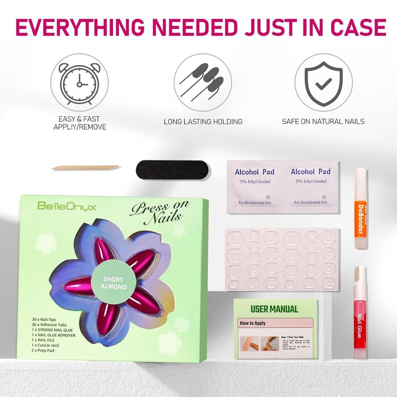 Cat Eye Press-On Nails - Short Hot Pink Almond Shape | 30 Reusable Glossy Fake Nails with Glue & Remover