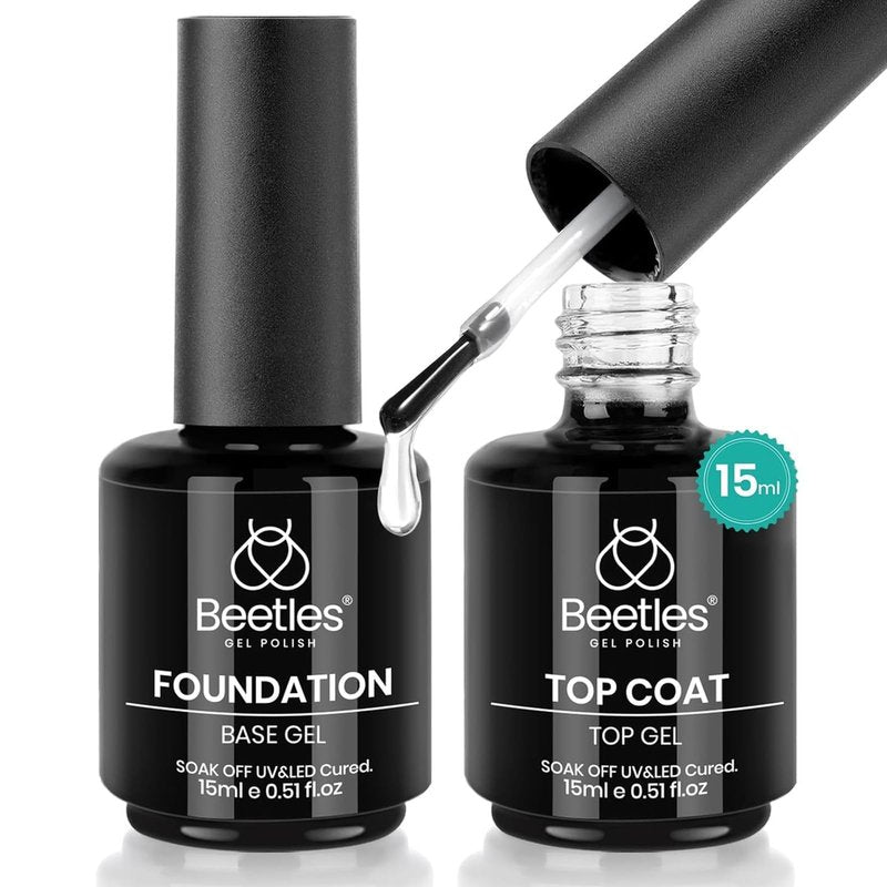 Beetles 2 Pcs 15ml No Wipe Gel Top Coat and Base Coat Set - Shine Finish and Long Lasting Soak Off LED Nail Lamp Gel Base Top Coat Stay Lock Shine Duo Finish Nail Art Design Manicure Gifts for Women