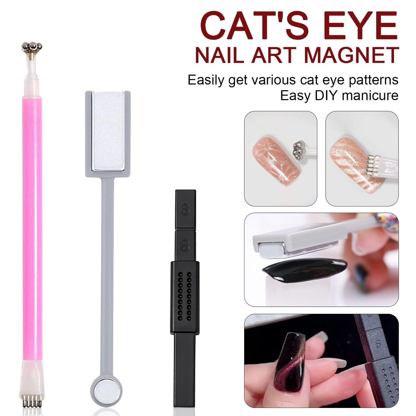 YECIRALA 4 Pieces 3D Cat Eye Nail Art Magnets Tool Set For Cat Eye Nails Polish Magnet Wand Magnetic Pen For DIY Gel Polish Nail Art Designs Magnets Double Ended Magnet Wand Magnet Sticks