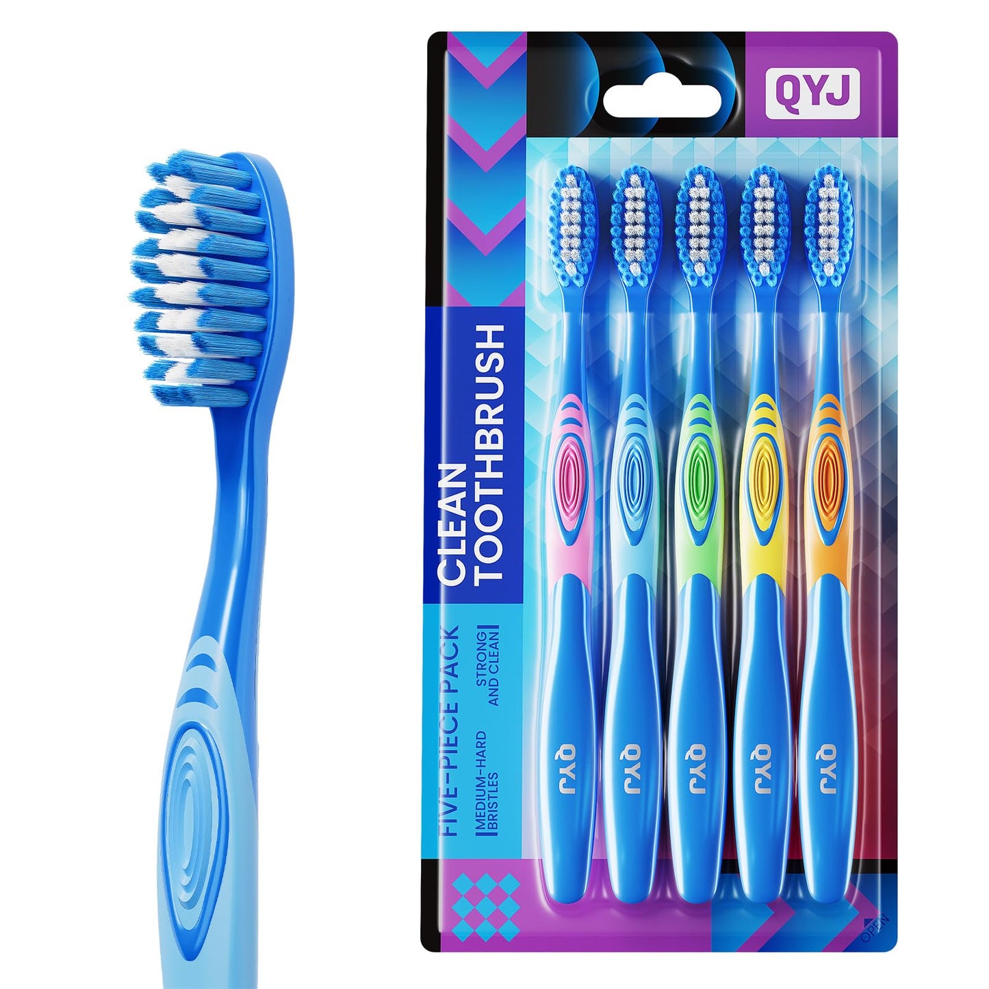 QYJ Manual Medium Bristles Toothbrush for Adults,Whitening Toothbrush with Spiral Medium Bristles for Smoke Tea Coffee Stain, Deep Plaque Removal, Rounded Bristle Tips for Gentle Cleaning, 5 Pack