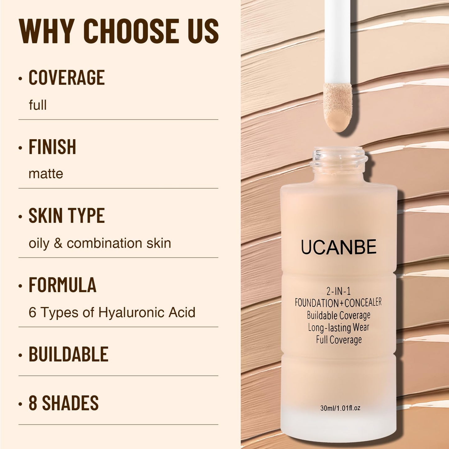 UCANBE 2-in-1 Liquid Foundation & Concealer, Full Coverage Foundation Makeup Set for Combination & Oily Skin, Hydrating Formula with Hyaluronic Acid, Vitamin C (06 Warm Honey)