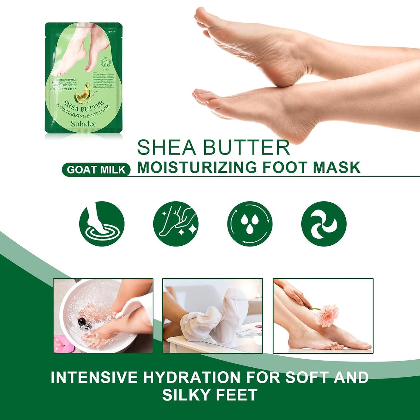 SULADEC Moisturizing Foot Mask - Hydrating Shea Butter & Goat Milk Formula for Soft Feet | 5 Pairs