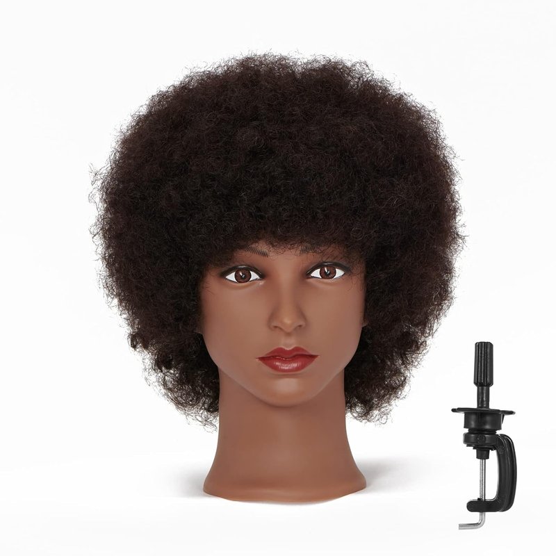 African American Mannequin Head - 100% Human Hair Cosmetology Afro Styling & Braiding Practice | Includes Clamp Holder