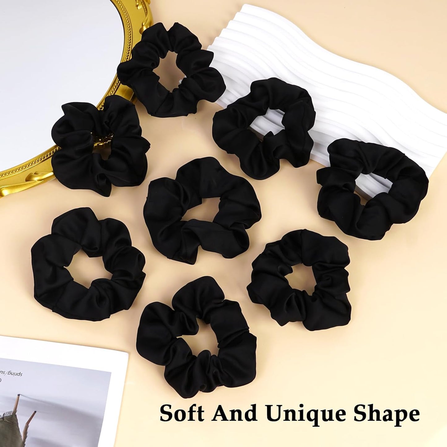 Skiennix Satin Scrunchies - 8PCS Black Silk Hair Ties | No Crease, Frizz-Free, Gentle Elastic Bands