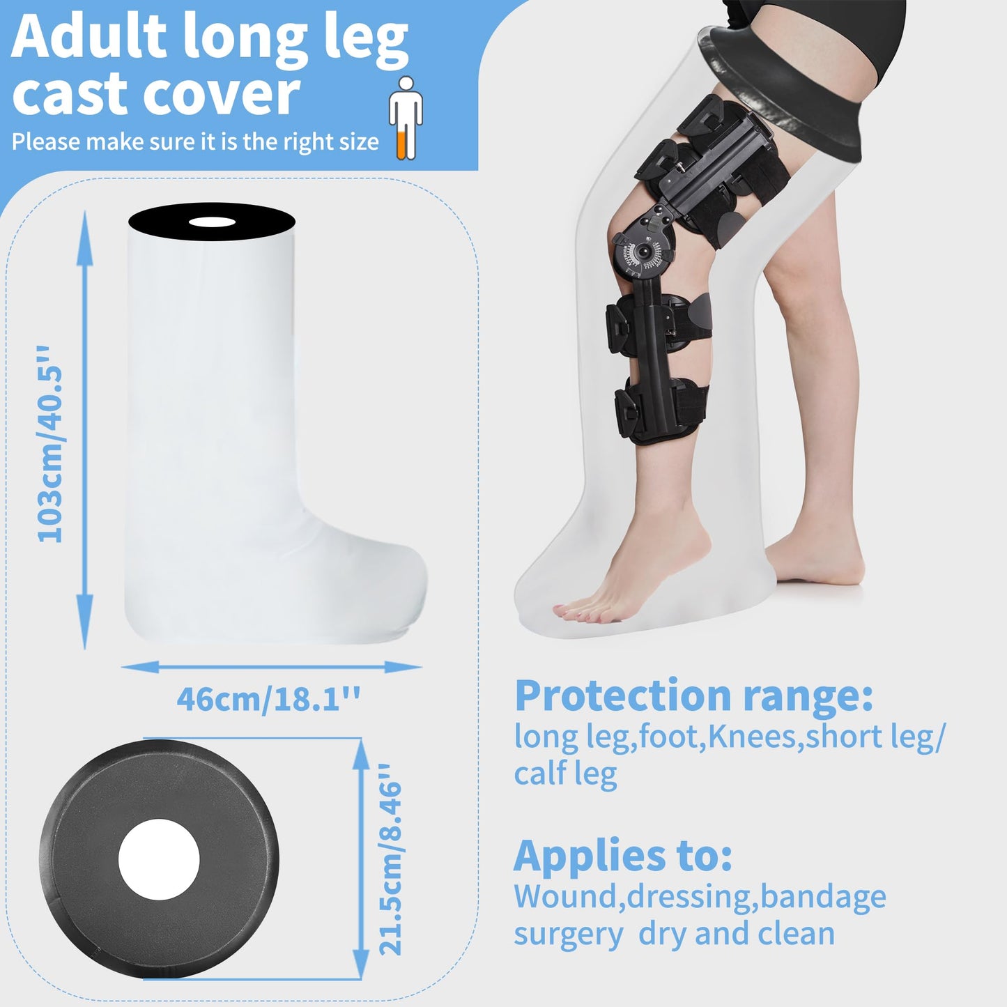 Adult leg cast protector for shower, KT1190 Waterproof Shower Bandage and Cast Cover Full Leg Shower Protector Watertight Protection to Broken Leg, Knee, Foot, Ankle Wound, Burns Reusable