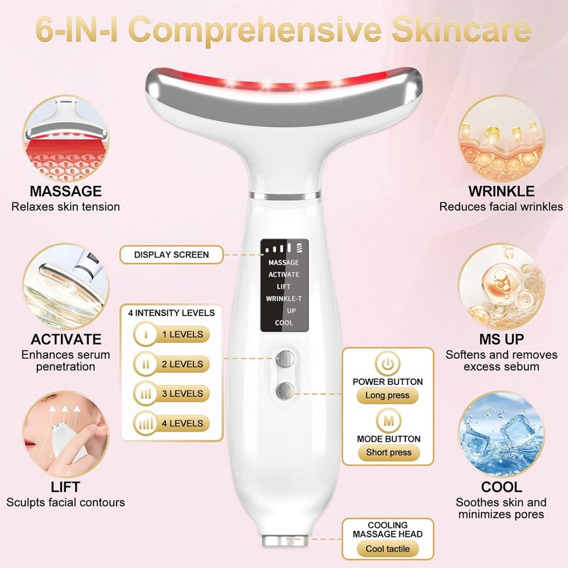 LED Facial Massager - Micro-Current Vibration & Light Therapy for Wrinkles | 4 Color Options, Cold & Hot Treatment