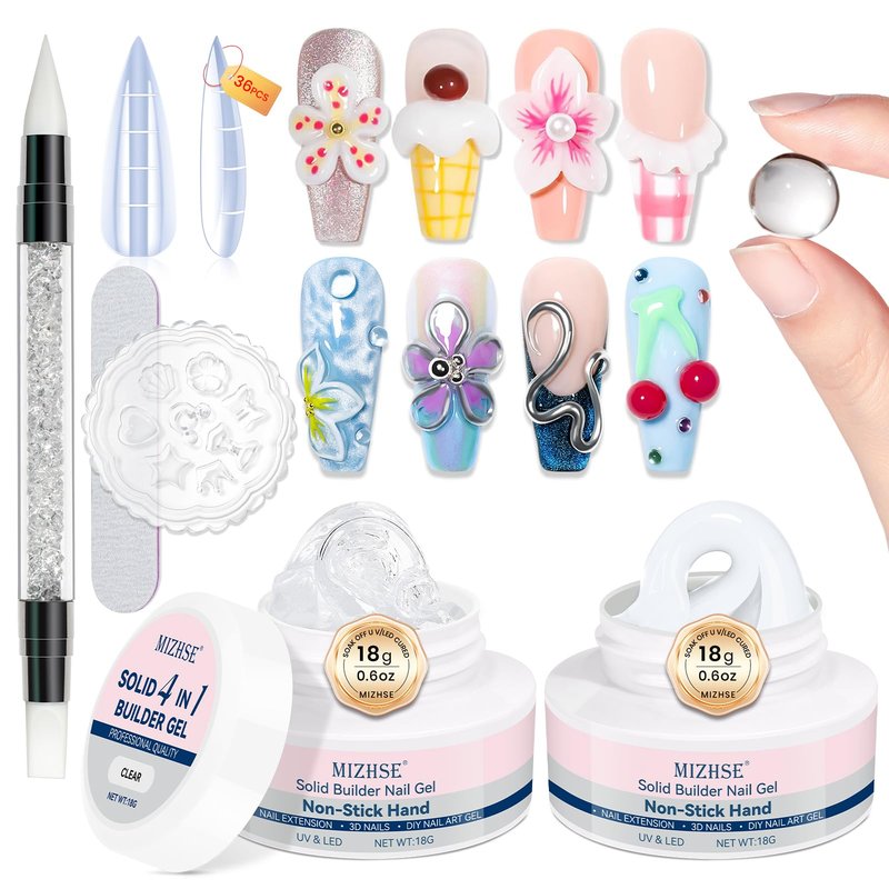 MIZHSE 2 Colors Solid Builder Gel for Nails: Non-sticky Hard 3D Sculpting Gel for Nail Art for Molding Soak Off U V LED Starter Kit DIY Home Salon