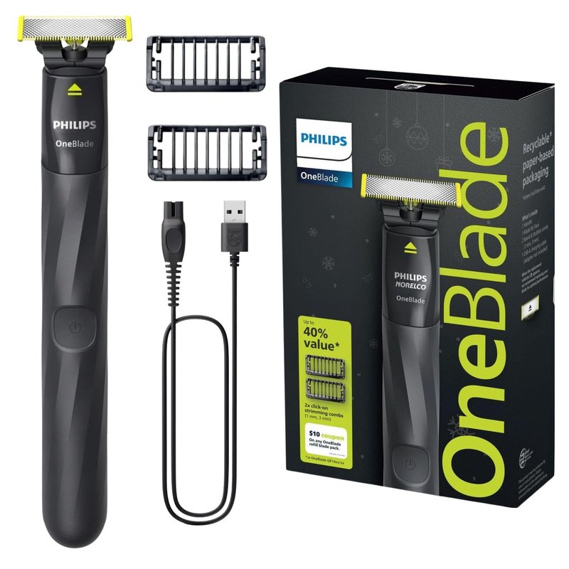 Philips OneBlade Trimmer & Shaver, Trim & Shave Any Length with Extra Skin Protection, Dual-Sided Blade, Waterproof Body Electric Razor, USB Charging, 2 Stubble Combs Included