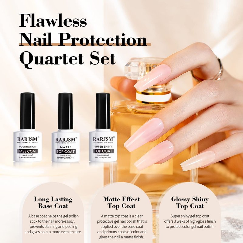 RARJSM Matte Gel Top Coat and Base Coat Glossy Shine Top Coat Gel Nail Polish 7.5ml 3PCS Set UV LED Curing Required Shiny Gel Polish Long Lasting Soak off Home DIY Salon Manicure