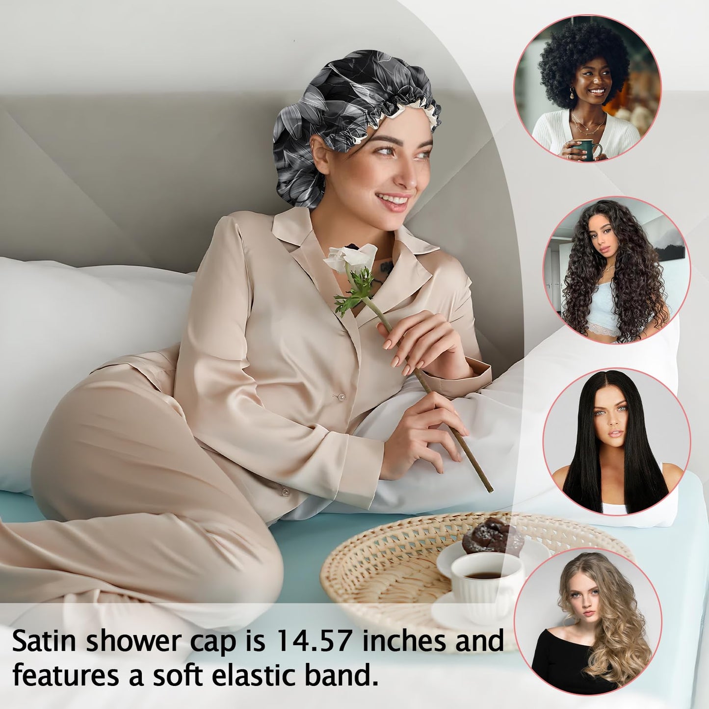 Cabreche Luxury Shower Cap Satin Silk Lined Adjustable Elastic Reusable Waterproof Shower Bath Cap Cute for Women Girls-Black Sunflower