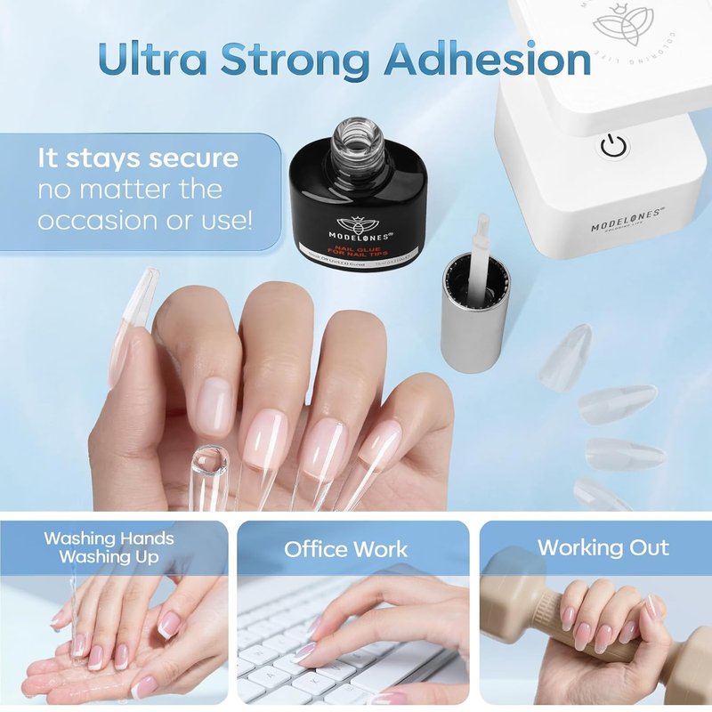Modelones 10-in-1 Nail Gel Glue - Hema-Free Base Coat for Acrylic Tips | 15ml, Perfect for Rhinestones & Blooming Art