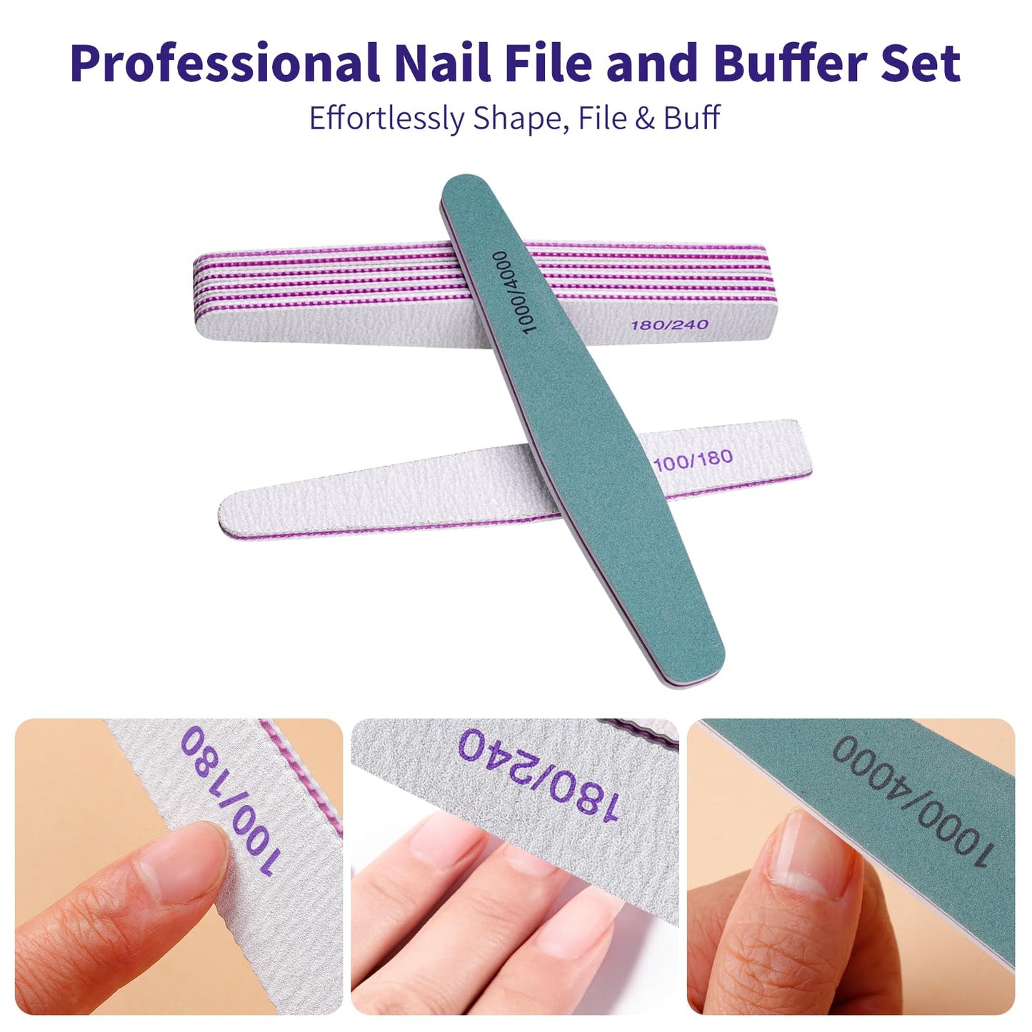SWEET VIEW 14PCS Nail File and Buffer Set, 100/180 180/240 Grit Emery Boards for Acrylic Gel Natural Nails, with 1000/4000 Grit Buffer Block for High Shine, for Women
