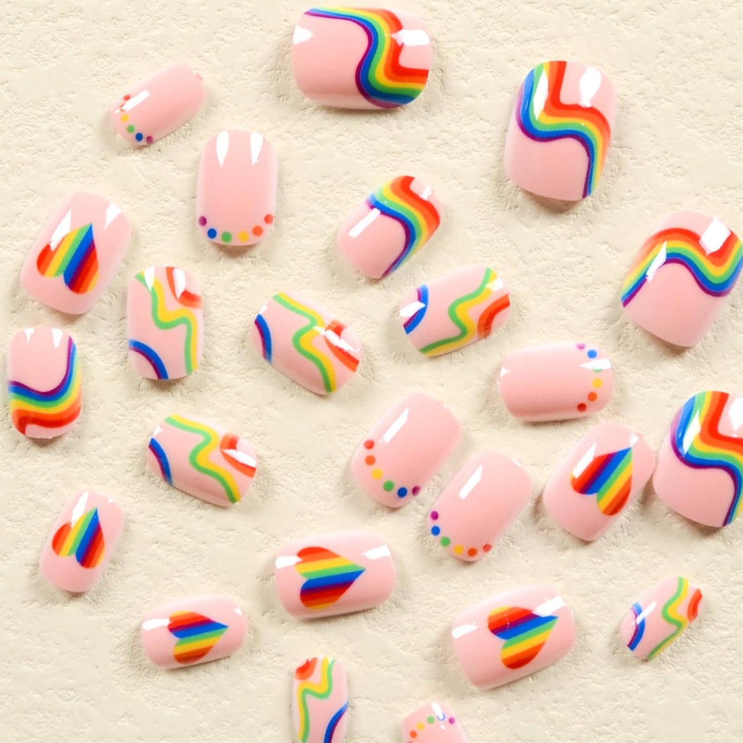 Skiennix Rainbow Stripe Press-On Nails - Colorful Heart Polka Dot Design | Short Square, 24 Pcs