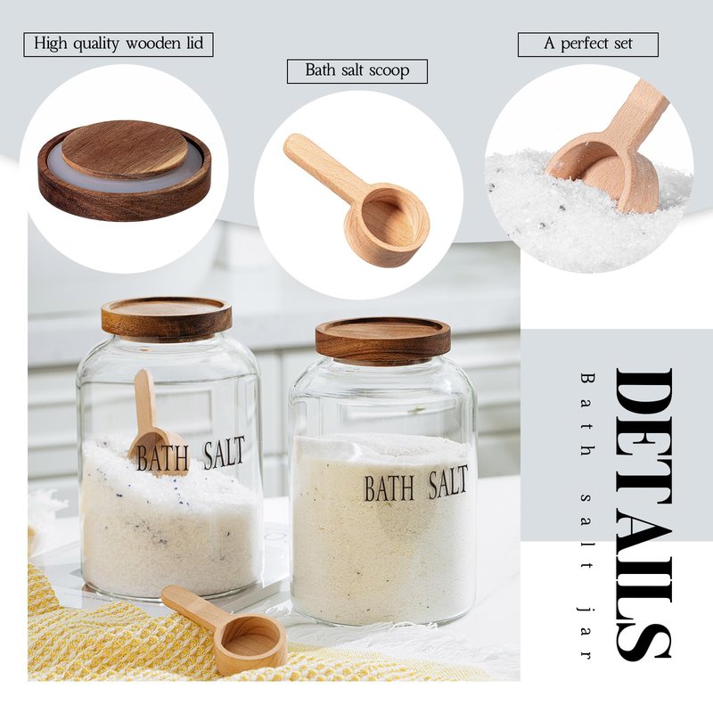 SiliFine 2 Sets 74 oz Large Bath Salt Container with Wooden Scoop for Glass Bath Salt Jar with Airtight Lid Storage Canister for Food, Flour, Sugar, Cookie, Kitchen