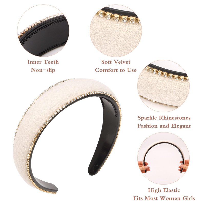 Amariver White Velvet Headbands for Women Sparkle Rhinestone Headband Padded Head Bands Fashion Crystal Hairband Soft Headband Stylish Hair Accessories for Women Girls