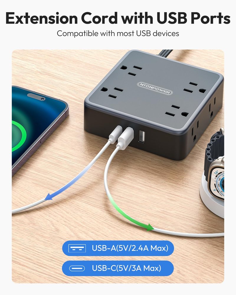 NTONPOWER Black Power Strip, 15 FT Power Strip with 8 Widely Outlets 3 USB Ports, Extension Cord with Mlutiple Outlets for Home, Office, Dresser, Dorm Room