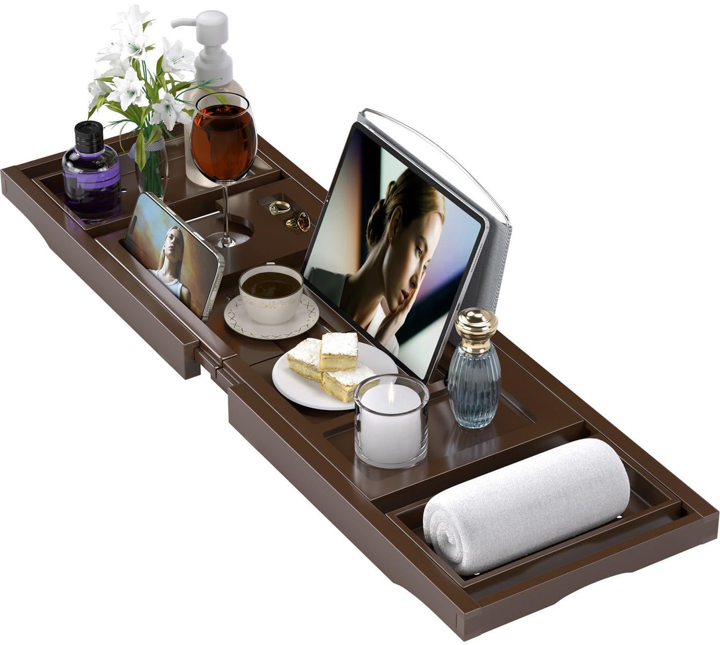 Bathtub Tray Caddy, Expandable Bath Trays for Tub, Bamboo Shelf & Table with Wine Glass Holder,Bathroom Accessories for New Home & Mothers Day & Birthday Gifts for Mom,Brown