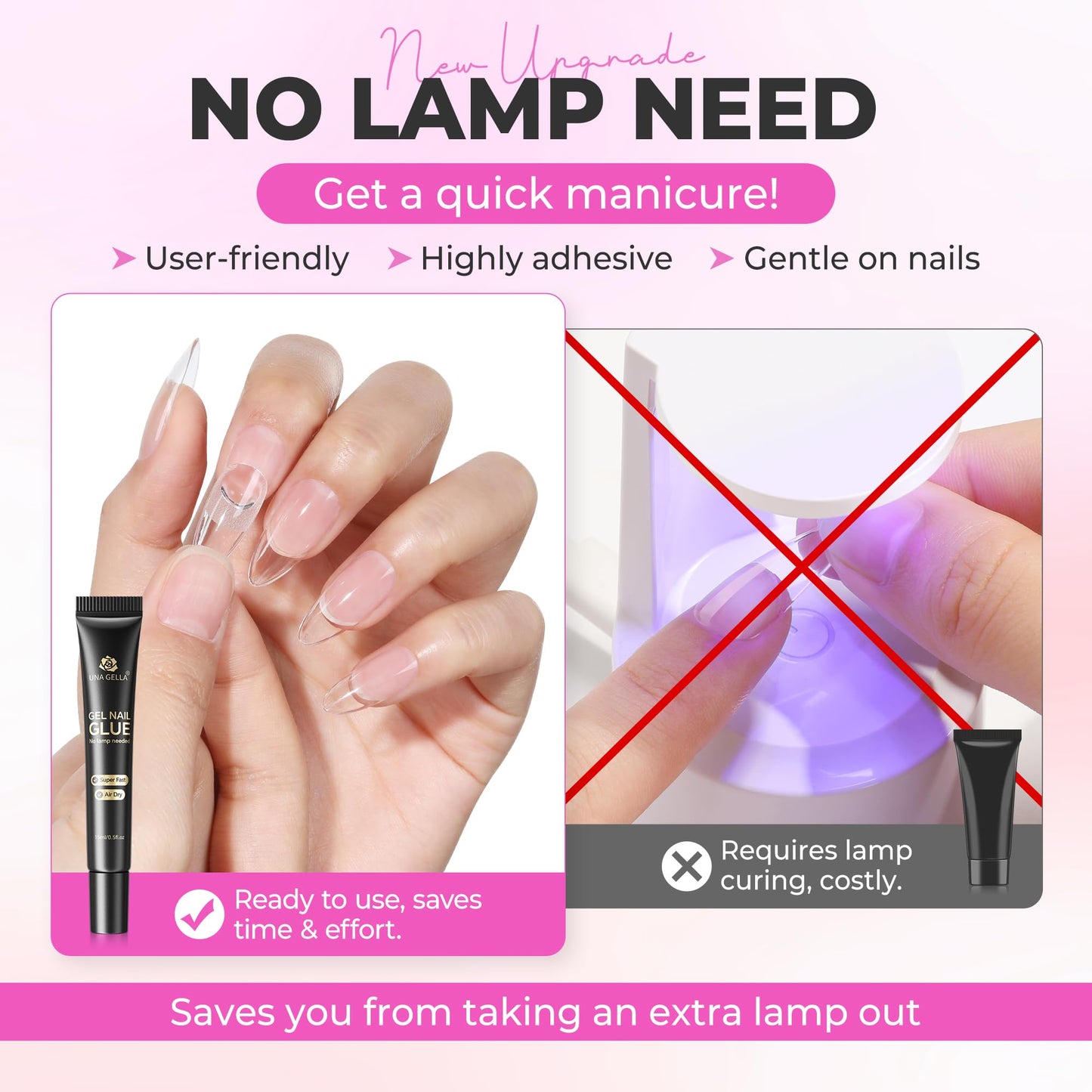 UNA GELLA Gel Nail Glue No U/V Light 15ml Super Strong Nail Glue for Press On Nails & Clear Acrylic Nails Tips Air-dry Strong-hold Formula