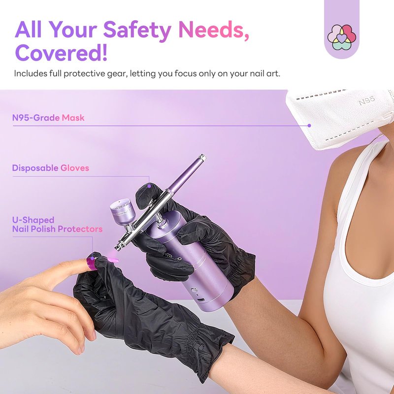 SAVILAND 7-in-1 Pro Airbrush Set: 6PSC Pink Airbrush Gel Nail Polish & Airbrush for Nails & Airbrush Cleaner & Airbrush Stencils & Protector for Fingers & Masks and Gloves Instant Nail Art