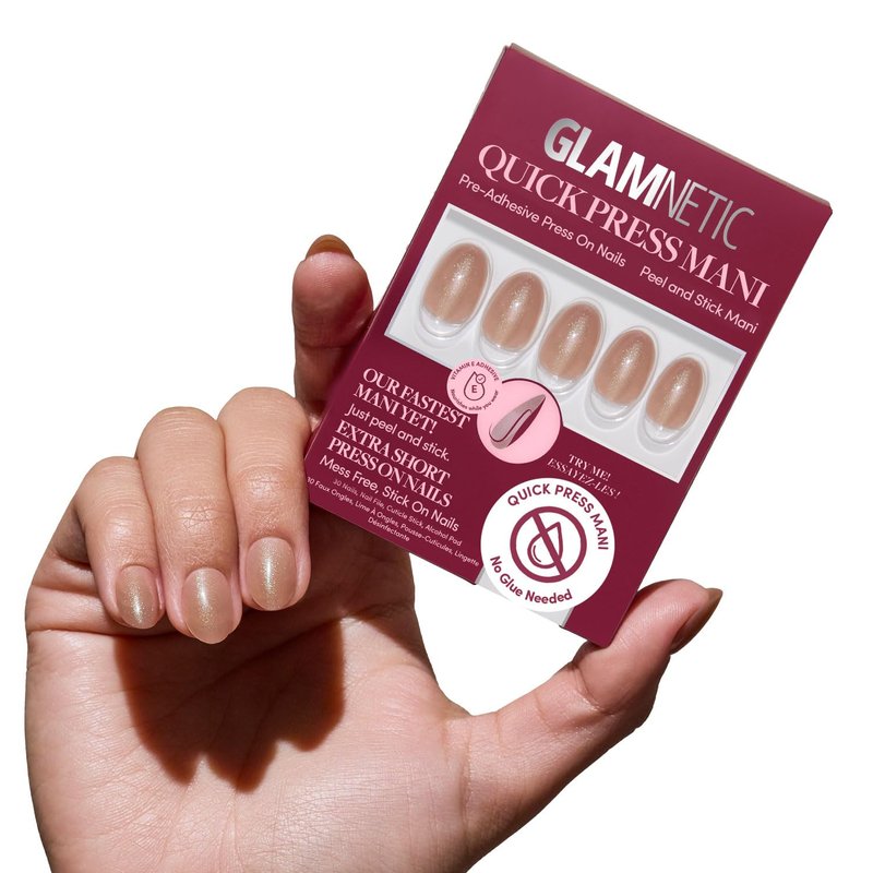 Glamnetic Quick Press Mani - No Glue Press On Nails, Just Peel and Stick, Oval Extra Short Nails, Mess Free, Salon Quality Stick On Nails, Sparkly Brown | in 15 Sizes - 30 Nail Kit