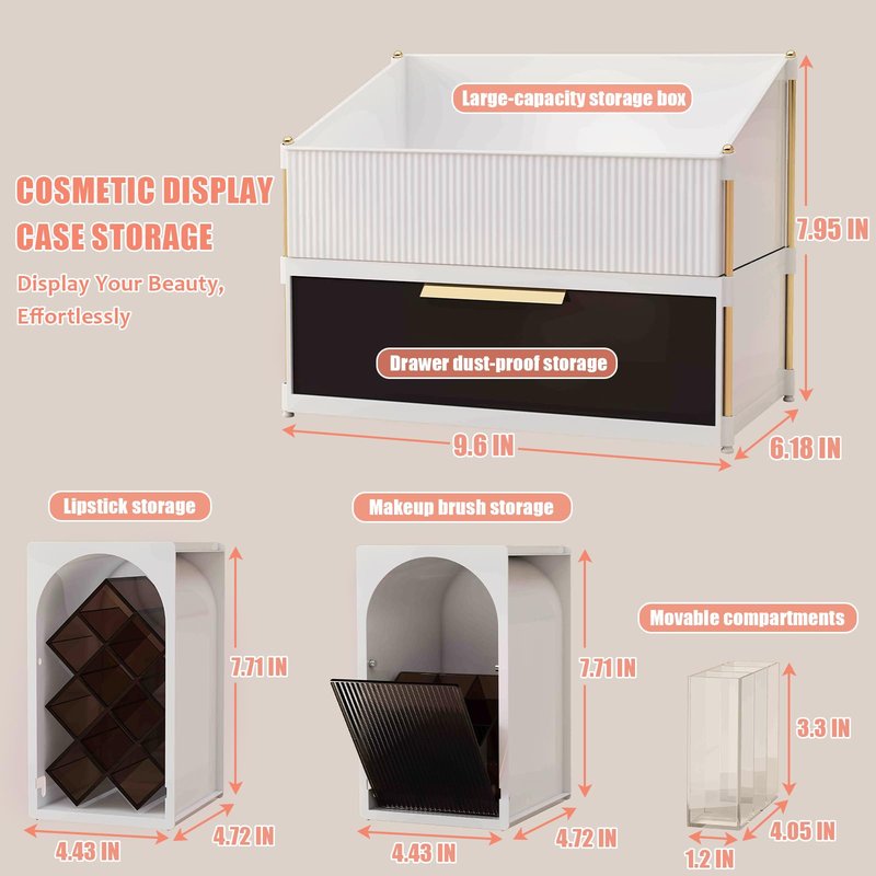DINMPB Large Makeup Organizer for Vanity with Brush Holder and Lipstick Display Stand, Countertop Cosmetic Storage with Drawer for Skincare, Nail Polish, Perfume and Eyeshadow Palettes