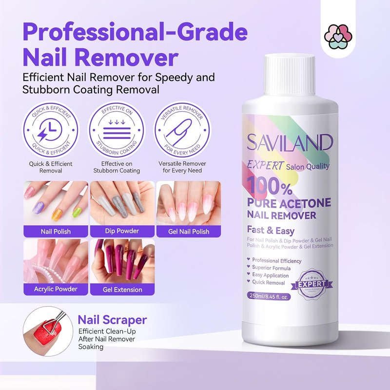SAVILAND Pure Acetone Nail Polish Remover Kit: 8.45oz Gel & Acrylic Nail Remover with Cuticle Oil, Buffer, Files & Scraper for Quick, Gentle Removal of Gel Polish, Dip Powder & Acrylic Nails Home Use